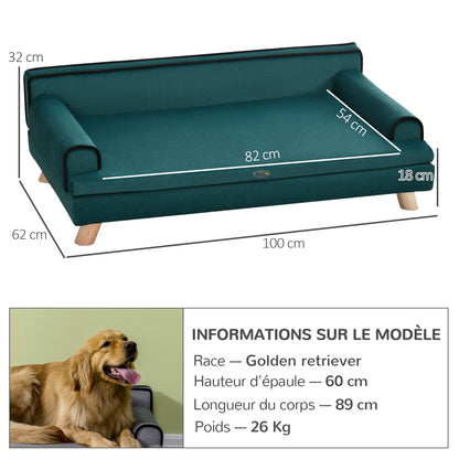 Dierenbank – Huisdieren Sofa – Kattenbank – Hondenbed – Dieren Sofa – Scandinavisch Design – Zacht Kussen – Afneembare Wasbare Hoes – Houten Frame – 100x62x32 cm – Eendblauw