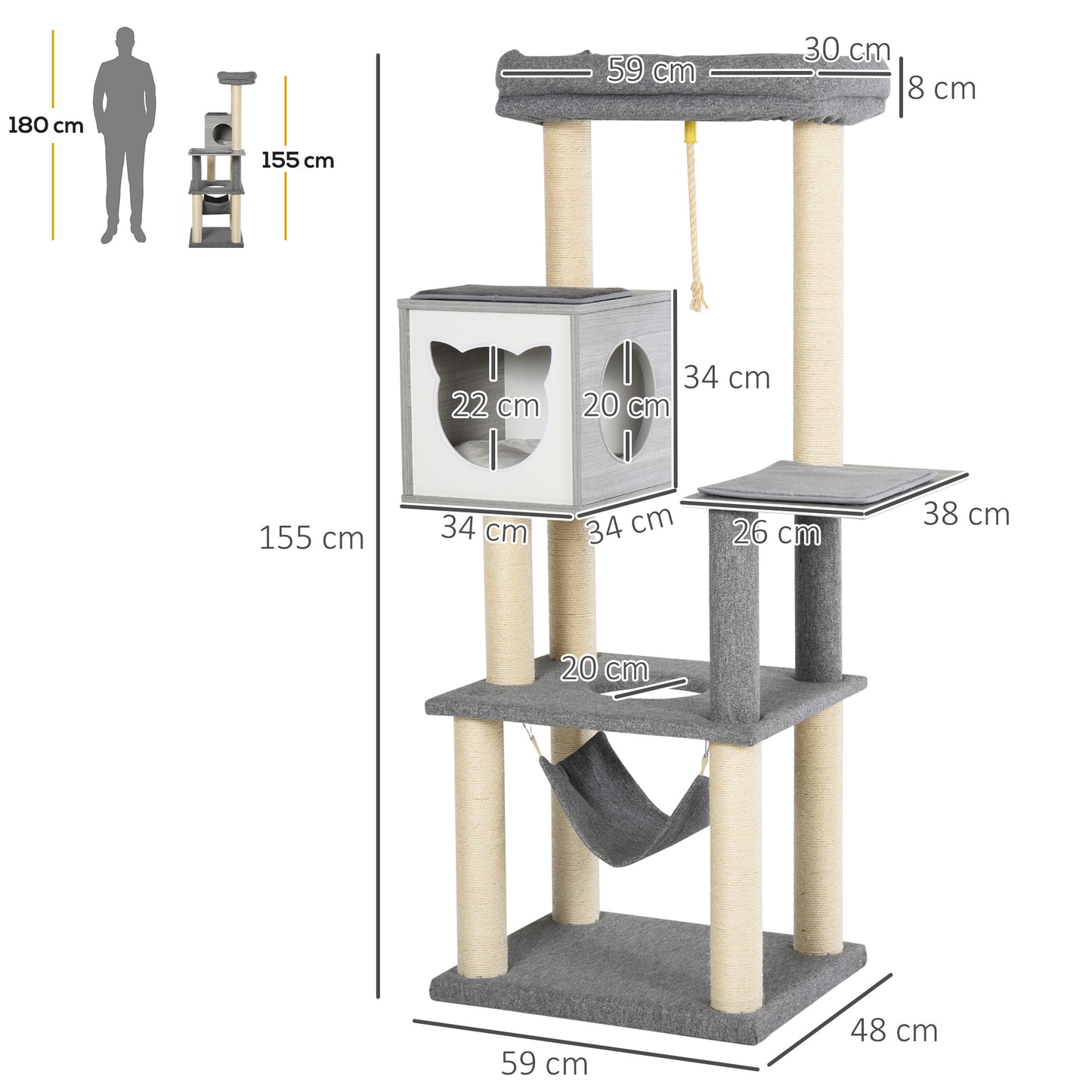 Krabpaal – Kattenboom – Krabmeubel – Kattenhuis – Kattenmand – 155 cm Hoog – Met Hangmat en Sisal Krabpalen
