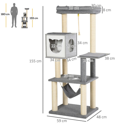 Krabpaal – Kattenboom – Krabmeubel – Kattenhuis – Kattenmand – 155 cm Hoog – Met Hangmat en Sisal Krabpalen