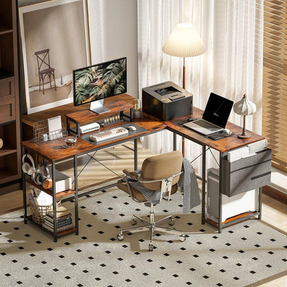 L-Shaped Desk with Adjustable Shelves & Storage Bag, Monitor Stand - Heavy-Duty Hardwood Construction, Space-Saving Curved Design with Sturdy A-Frame Base, Easy Assembly Modern Home Office Desk for Dual Monitor Setup, Space-S