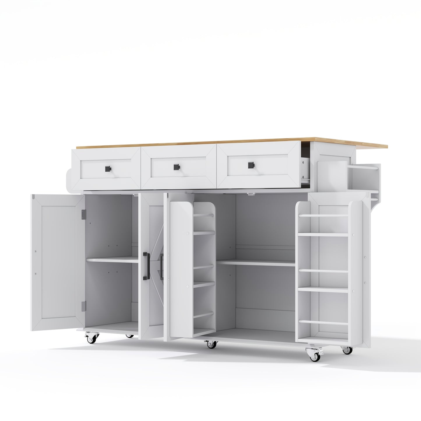 White Modern Farmhouse Kitchen Island with Fold-Down Worktop, 5 Lockable Casters, 4 Doors, 3 Drawers, Door Shelf & Double-Sided Towel Rack - Heavy-Duty Mobile Storage Cabinet with Spacious Work Surface, Barn-Style Design, Whi