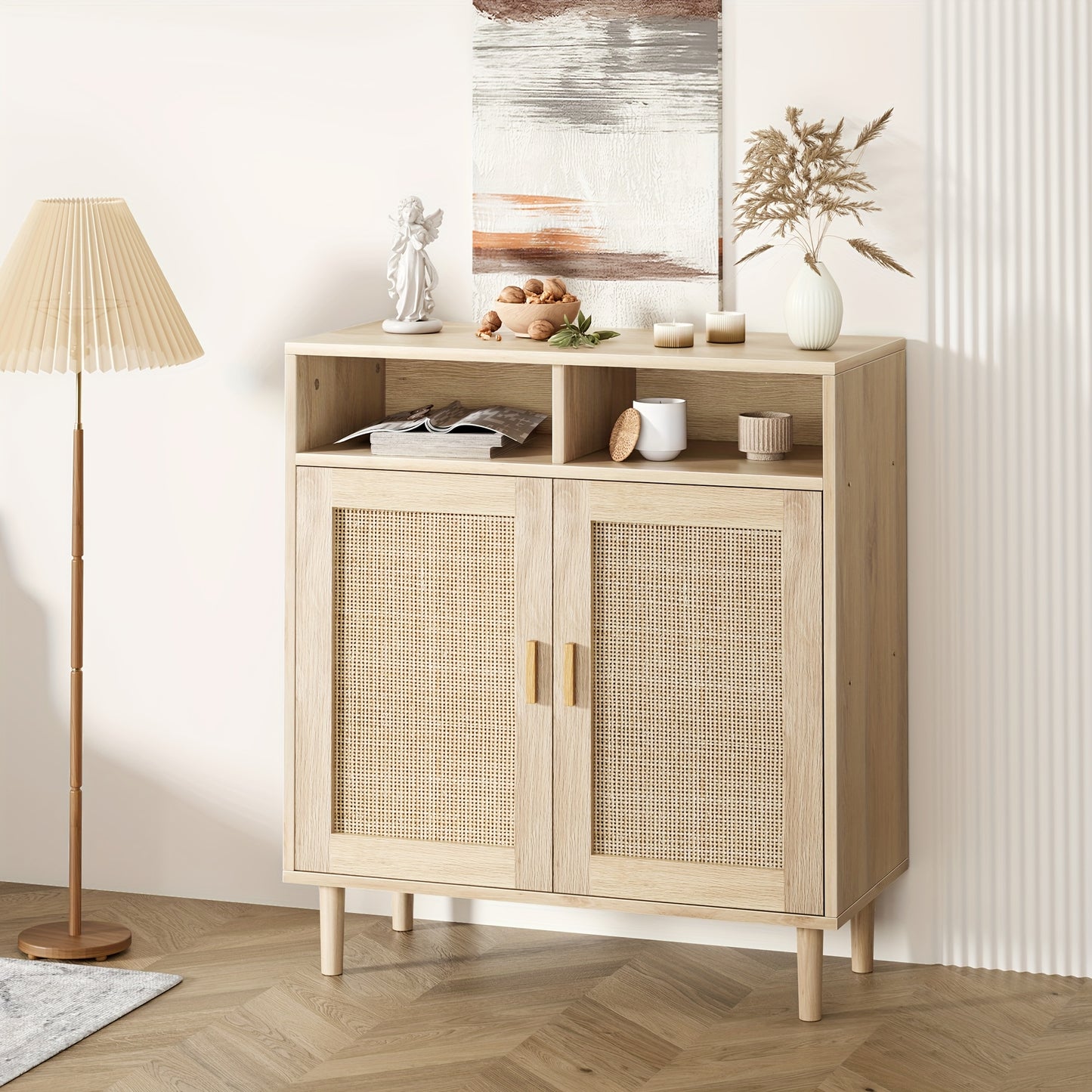 Dressoir – Opbergkast – Buffetkast – Sideboard – Dressoirkast – Rattan Deuren – Massief Houten Poten – 80x92x40 cm – 2 Open Planken