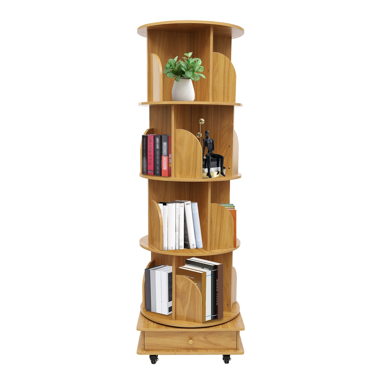 Vierlaagse Boekenkast – Boekenrek – Opbergkast – Tijdschriftenrek – Kantooropberger – Natuurlijk Hout – Vier Wieltjes – Ruime Opbergruimte