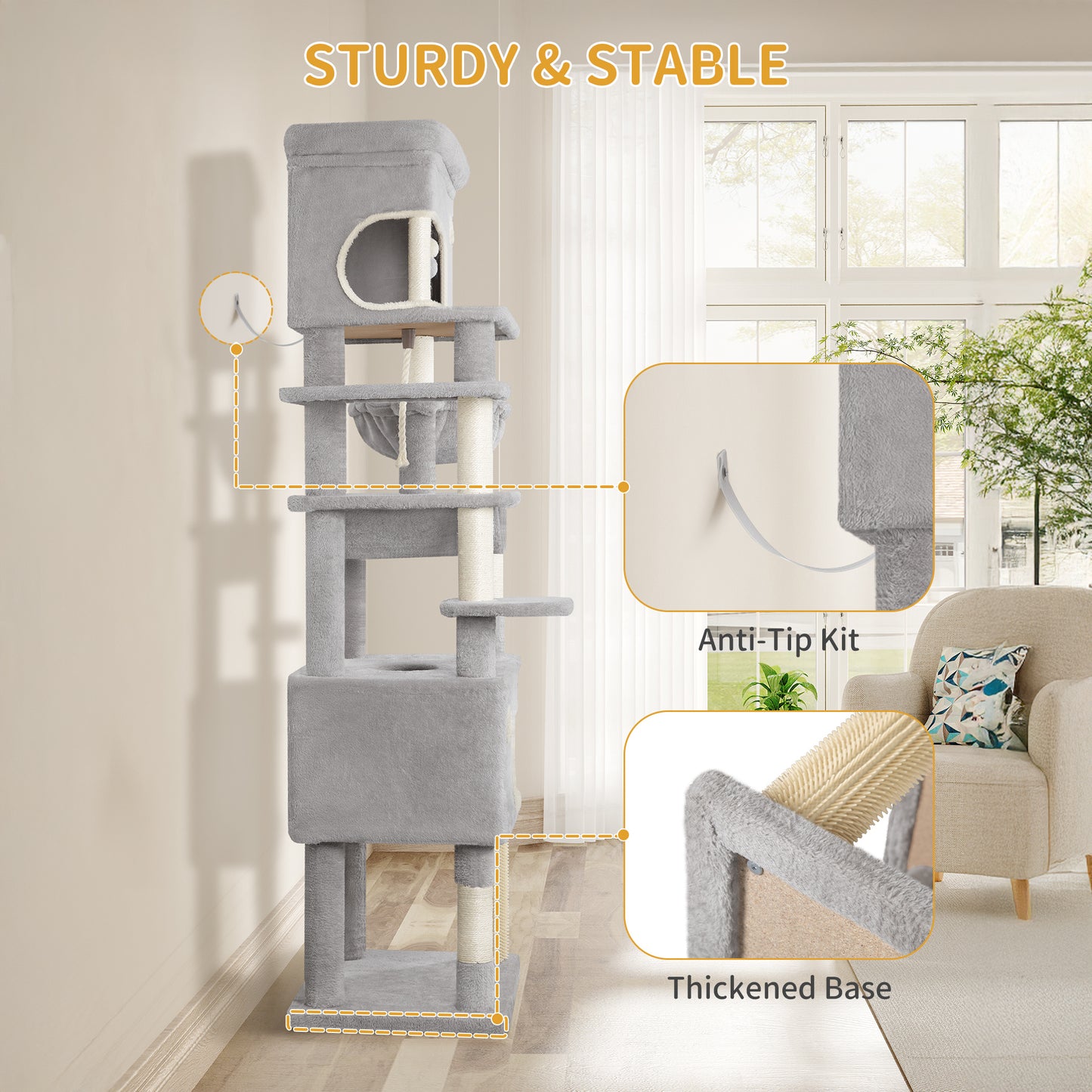 Krabpaal – Kattenboom – Kattenmeubel – Kattenhuis – Krabtoren – 203 cm Hoog – 7 Sisal Krabpalen Met Grote Platforms En Holletjes – Lichtgrijs/Donkergrijs/Beige