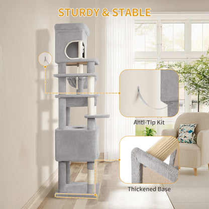 Krabpaal – Kattenboom – Kattenmeubel – Kattenhuis – Krabtoren – 203 cm Hoog – 7 Sisal Krabpalen Met Grote Platforms En Holletjes – Lichtgrijs/Donkergrijs/Beige