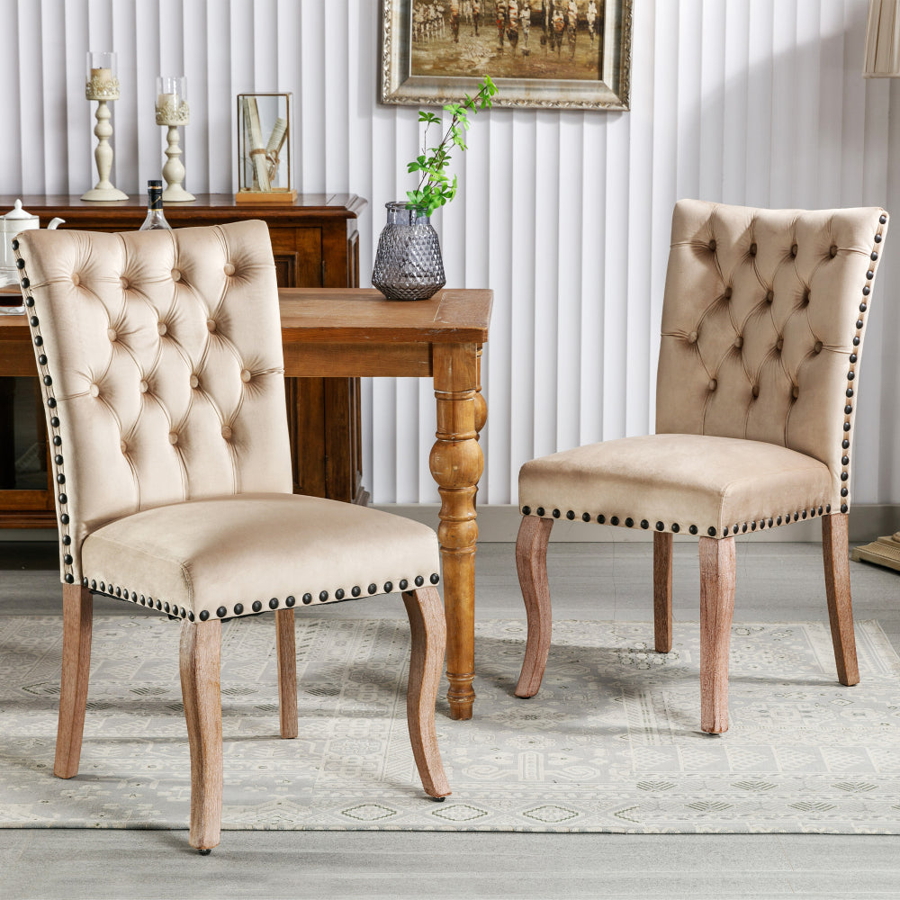 Eetkamerstoel – Stoel – Kuipstoel – Dining Chair – Draaistoel – Set Van 2 – Beige Bruin – Fluwelen Bekleding – Zwart Nagelrand – Gemakkelijk Schoon Te Maken
