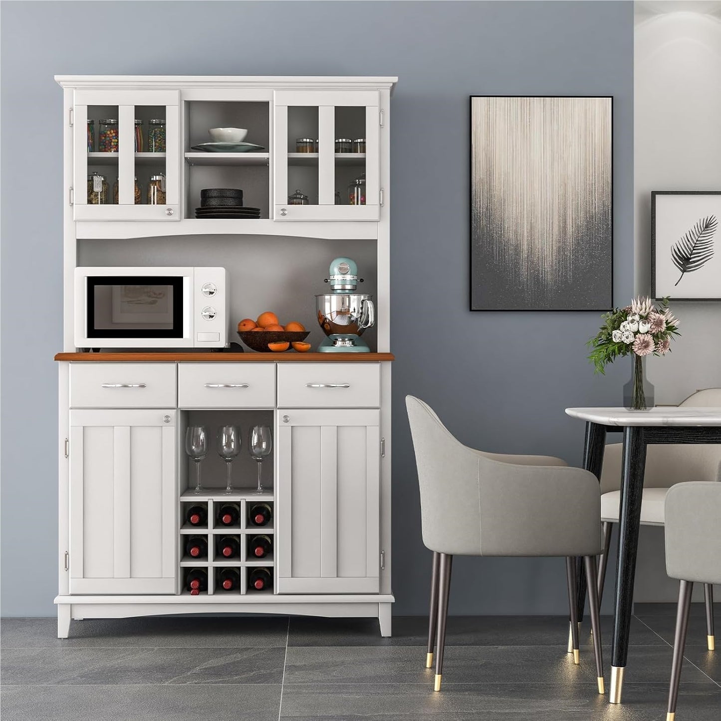 Keukenkast – Keukenbuffet – Opbergkast – Buffetkast – Voorraadkast – Hoogwit MDF – Verstelbare Glazen Planken – Wijnrek 9 Flessen – 112x43x184,5 cm