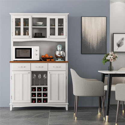 Keukenkast – Keukenbuffet – Opbergkast – Buffetkast – Voorraadkast – Hoogwit MDF – Verstelbare Glazen Planken – Wijnrek 9 Flessen – 112x43x184,5 cm