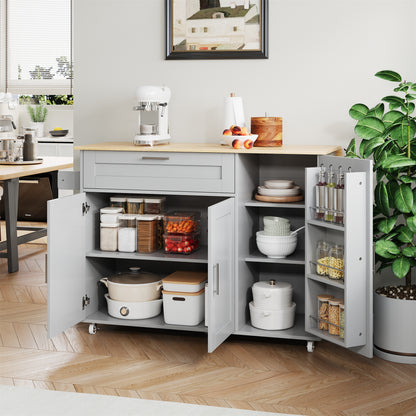 Keukenwagen – Keukenkar – Servierwagen – Mobiele Keukentrolley – Keukenmeubel – Uitklapbaar Werkblad – 5 Wielen Met Rem – Grijs Met Eikenlook