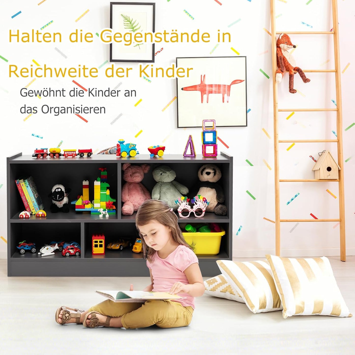 Houten Speelgoedkast – Speelgoedrek – Opbergkast – Kinderkast – Speelgoedmeubel – 5 Ruime Vakken – Veilig Afgeronde Hoeken – Bruin 111x30x61,5 cm
