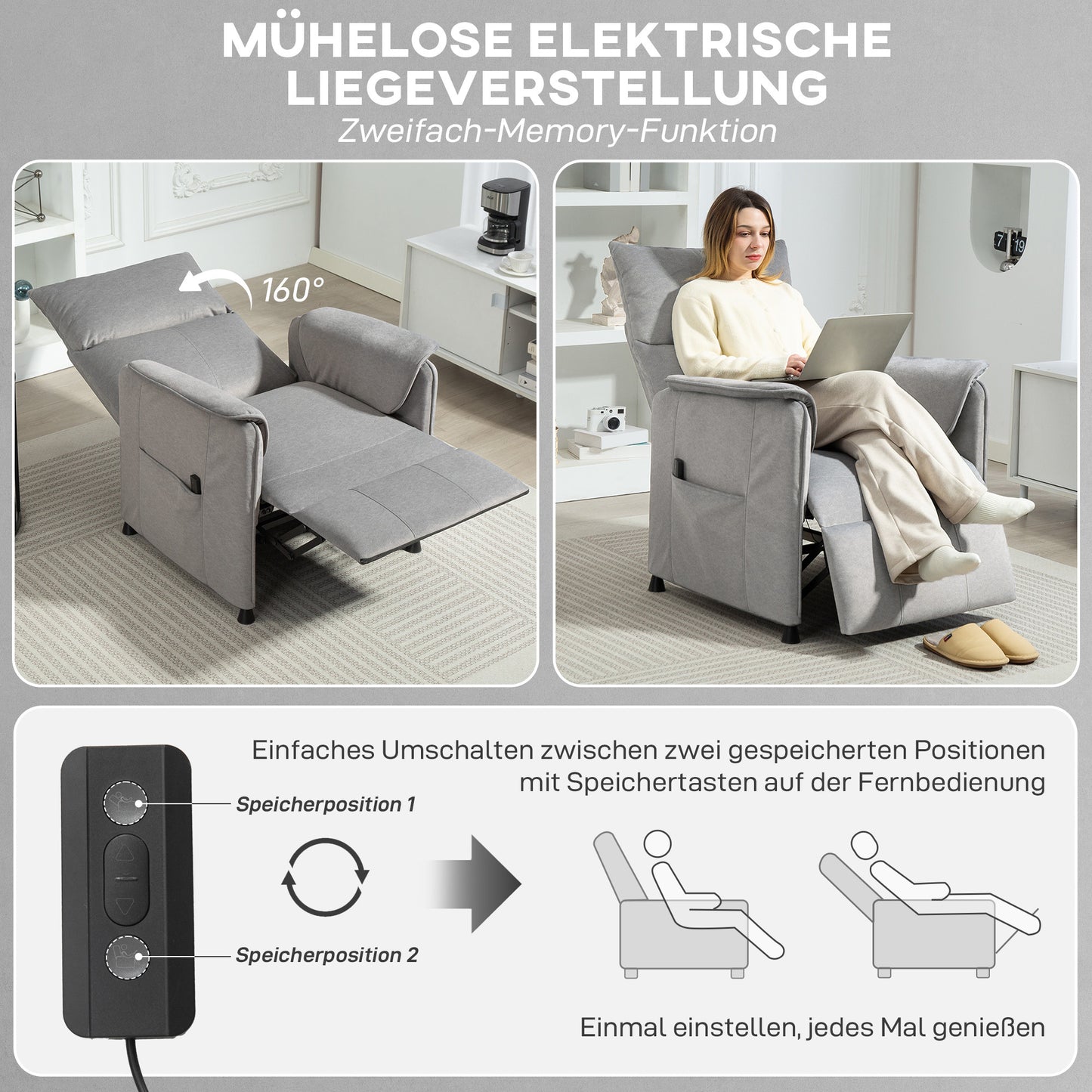 Relaxfauteuil – Relaxstoel – Fauteuil – Zetel – Stoel – Stil Verstelbare Motor – Geheugenfunctie – Grijze Stoffering – Verstelbare Voetensteun