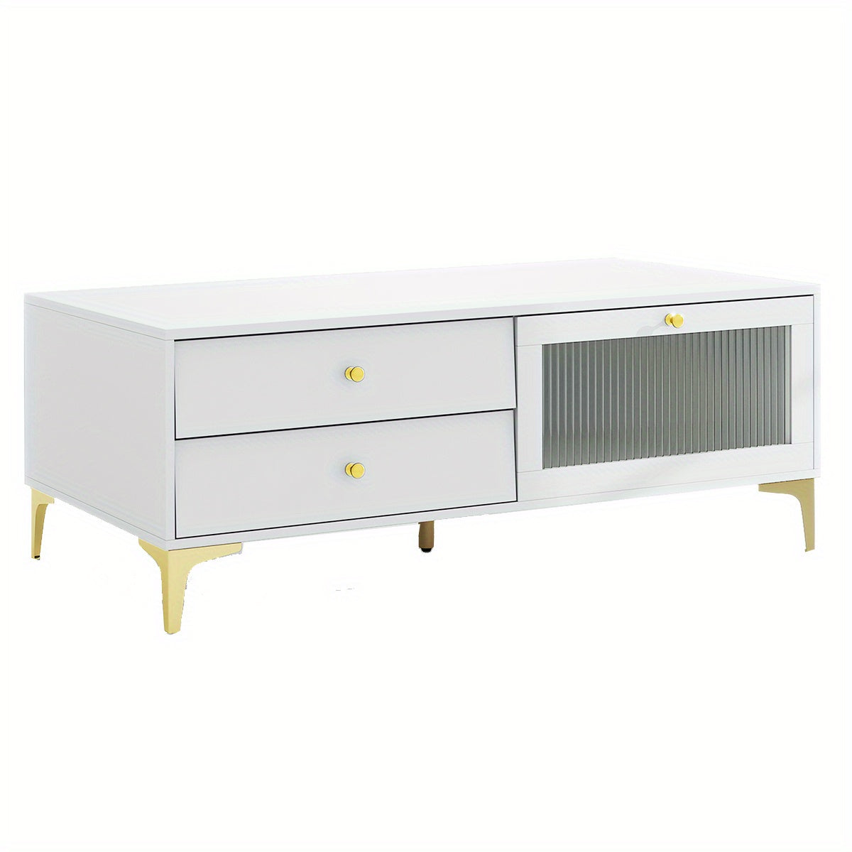 Tv meubel – TV kast – TV dressoir – TV stand – TV meubelen – Wit met gouden accenten – Met lade en gehard glas
