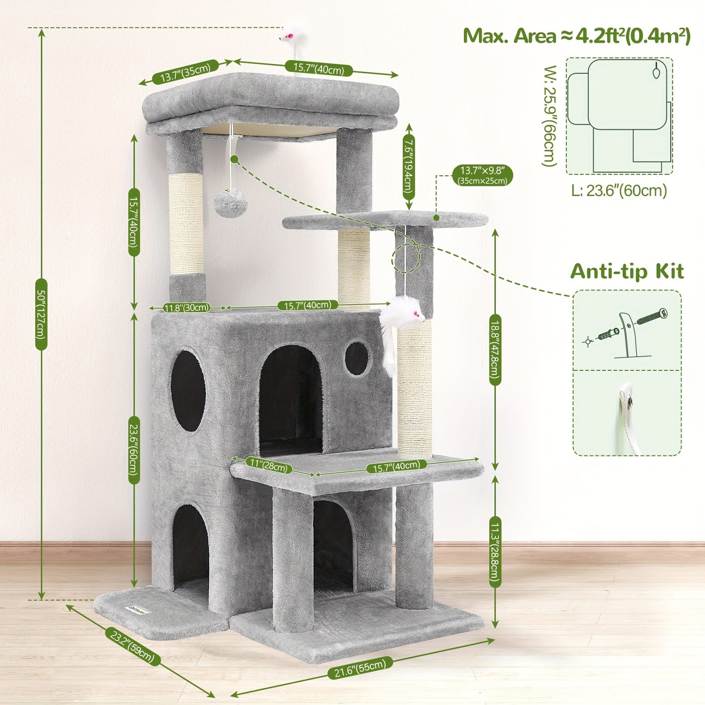 XXL Kattentoren – Kattenboom – Krabpaal – Klimtoren – Kattenhuis – Donkergrijs 203 cm Hoog – Ruim Speelparadijs Voor Meerdere Katten – Inclusief Krabpalen En Hangmanden