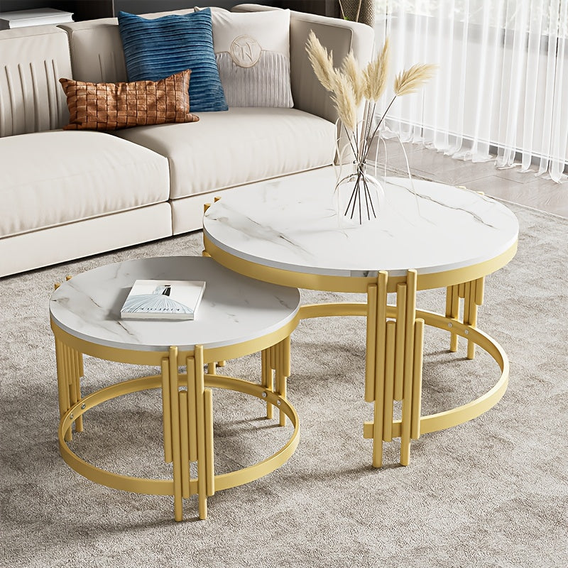 Salontafel – Koffietafel – Bijzettafel – Woonkamertafel – Tafeltje – Set van 2 Ronde Tafels – Marmerlook Blad – Goud Metalen Frame
