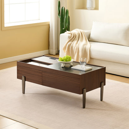 Modern Glass-Top Coffee Table with Storage Drawers - Dark Brown Marble-Patterned Wood Veneer & Sturdy Metal Legs, Contemporary Minimalist Design with Spacious Top & Hidden Storage for Living Room, Easy Assembly Required, Dura