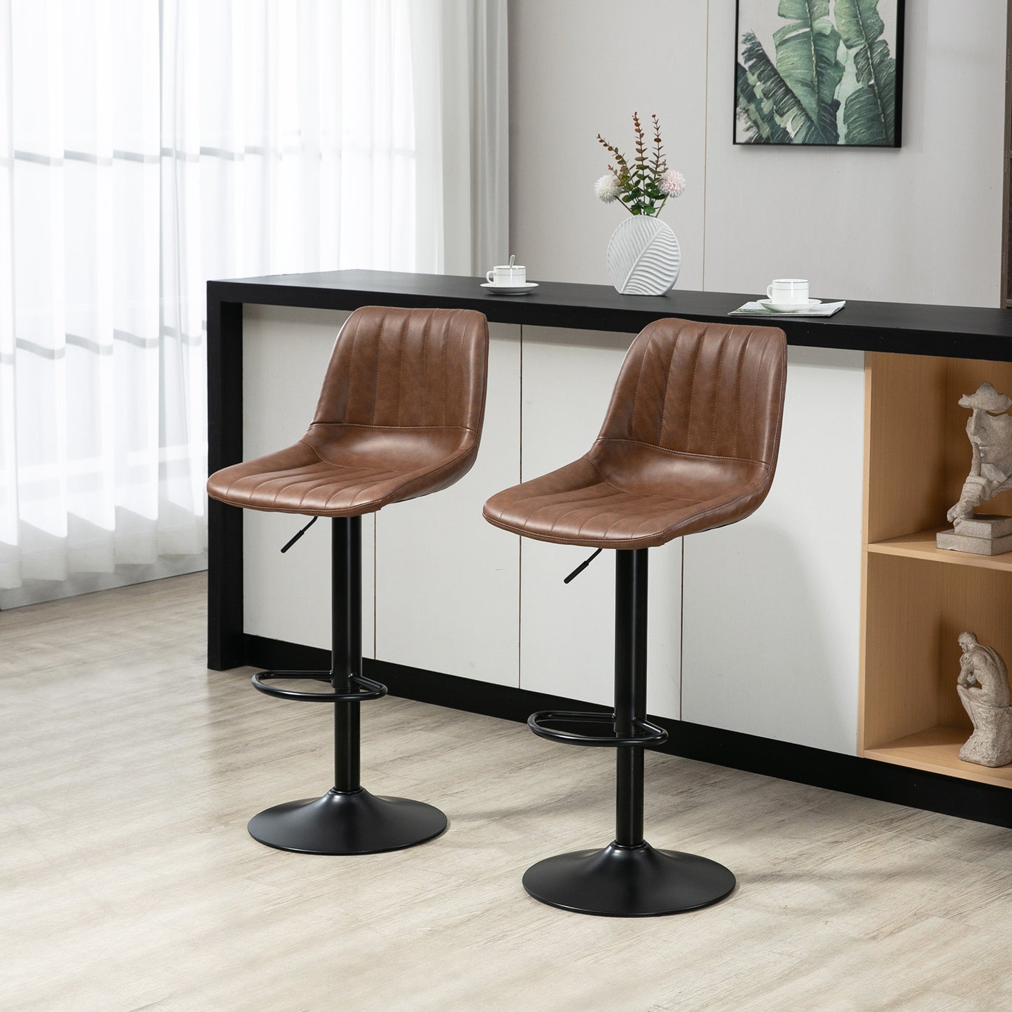Barkruk – Barstoel – Keukenstoel – Bistrostoel – Counterstoel – Verstelbare Zithoogte 91-111 cm – Bruin Kunstleer Met Stalen Frame
