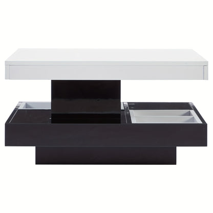 Modern 360° Swivel Coffee Table with Two-Tier Spinning Tabletop & Storage - White Gloss Metal Frame, Black Base, Space-Saving Oval-Effect Design for Small Living Rooms, Apartments - Easy Assembly (70x70x36cm)