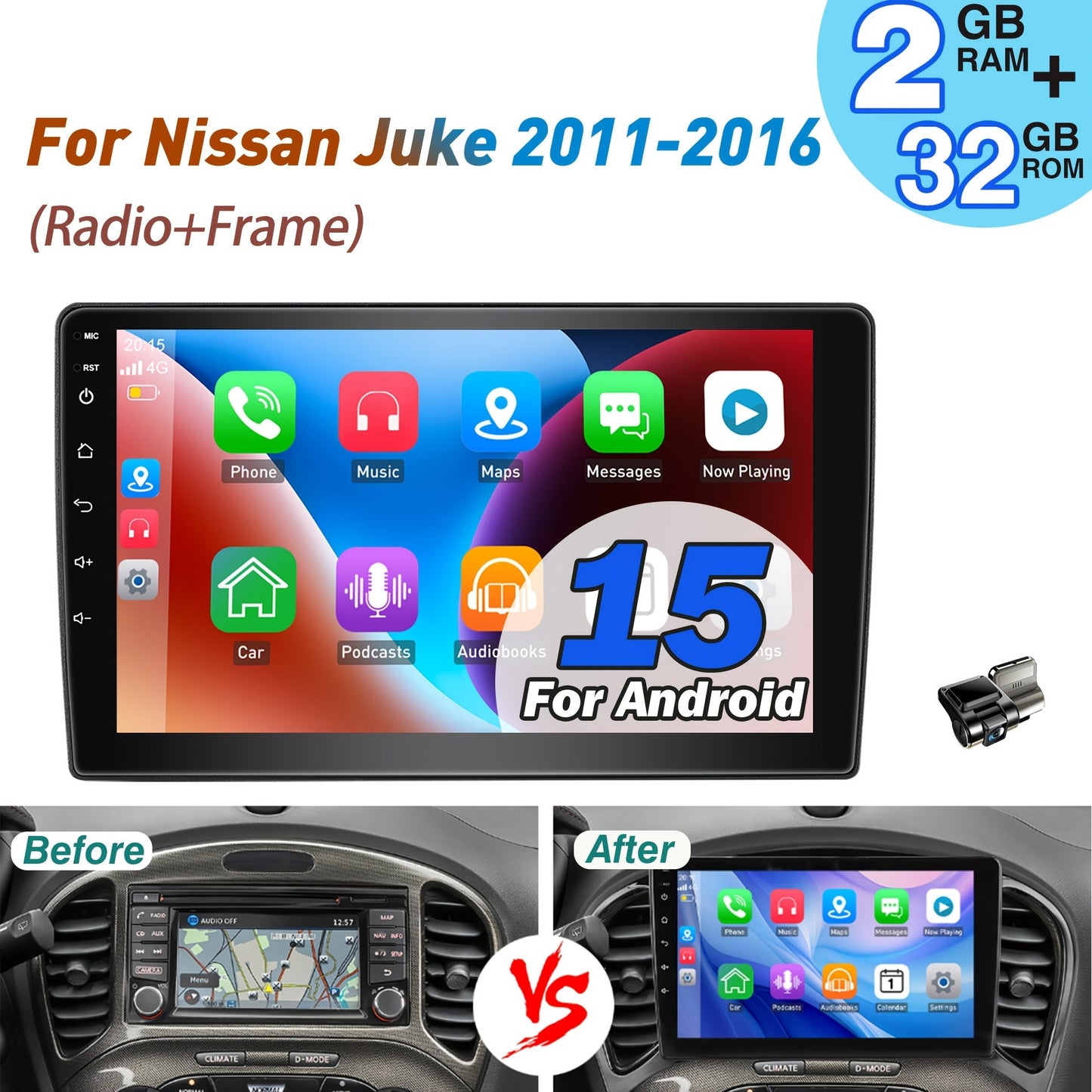 Autoradio – Auto Stereo – Car Radio – Multimedia Speler – Dashboard Radio – Android 15 OS – 9 Inch IPS Touchscreen – Draadloze CarPlay & Android Auto – Ingebouwde Dashcam – 2GB+32GB Geheugen