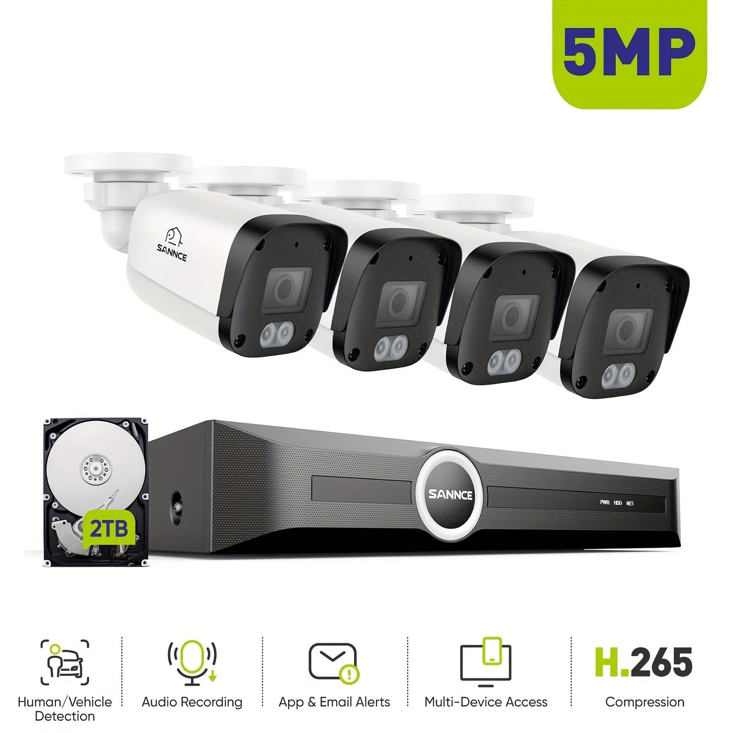 Beveiligingssysteem – Bewakingscamera – Surveillance Set – CCTV Systeem – PoE Camera – 4x 5MP Camera’s + 6MP NVR – Nachtzicht 30m – 2TB Opslag