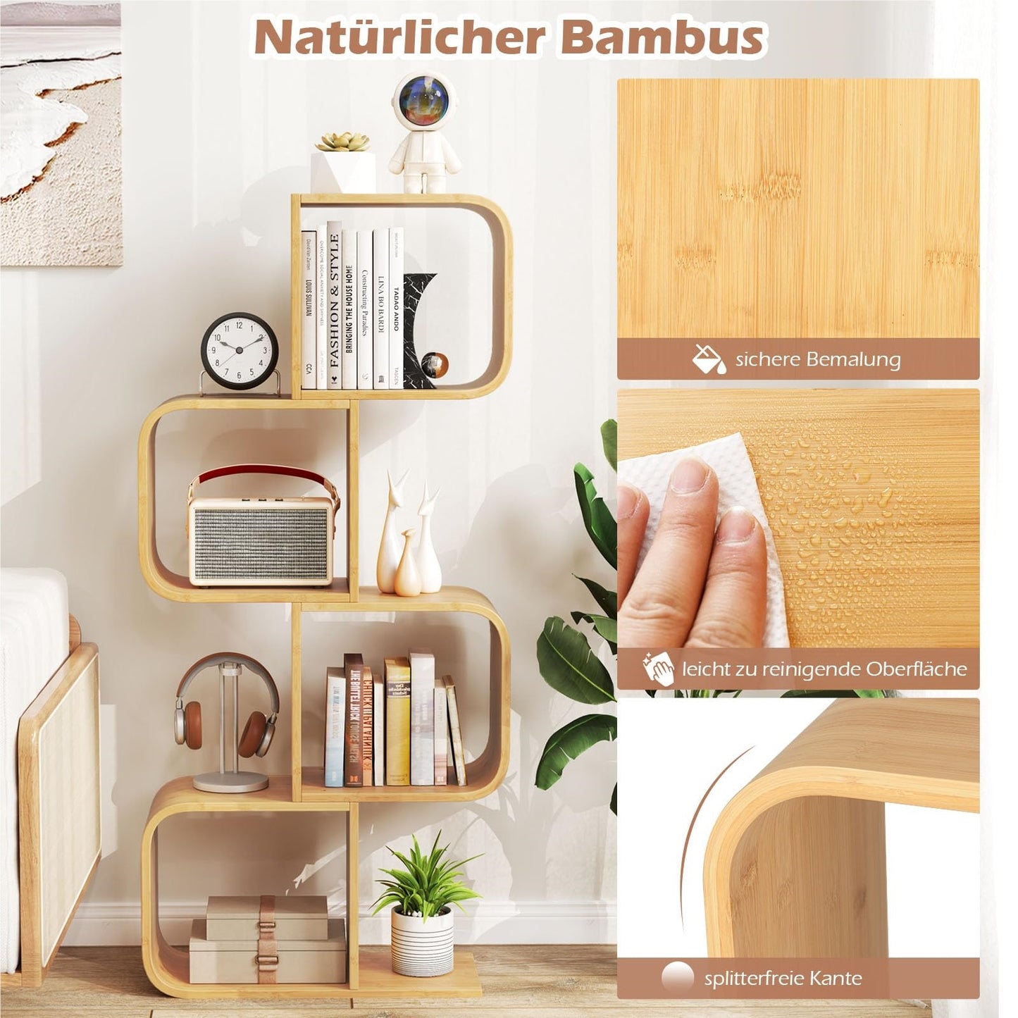 S-Shaped Bookshelf, Bamboo Cube Shelf, Geometric Decorative Shelf for Living Room, Study, Office