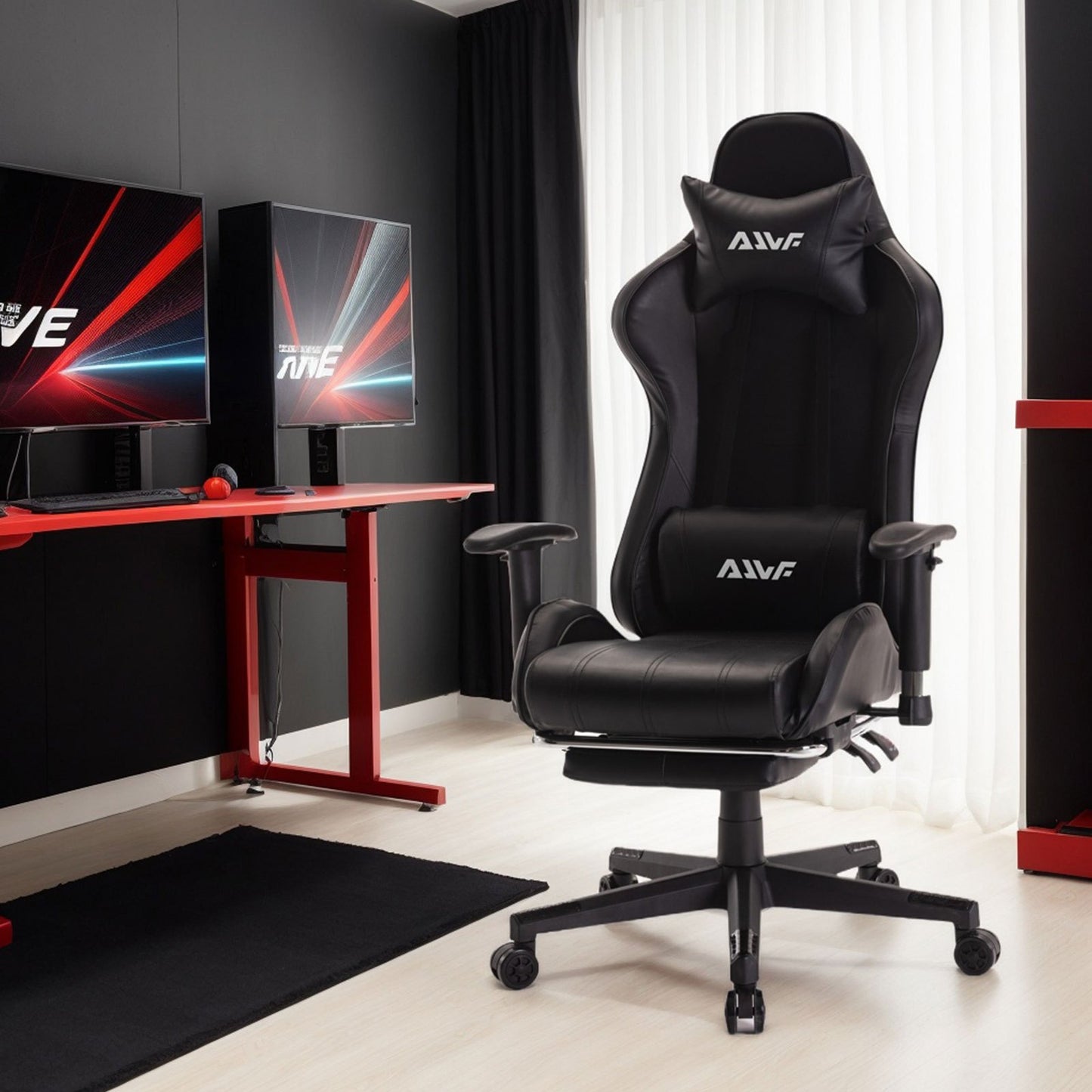 Game stoel – Gamingstoel – Racestoel – Bureaustoel – Fauteuil – Ergonomische Lendensteun – Verstelbare Voetensteun – Zwart Kunstleer – Memory Foam