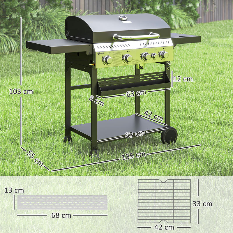 Gasbarbecue – Gas Grill – BBQ Grill – Buitenkeuken – Tafelbarbecue – 4 Hoofdbranders – Zijbrander Met Warmhoudplaat – 135x55x103 cm – Zwart