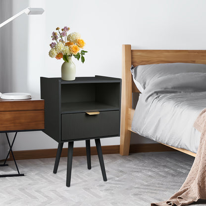 Black Compact Bedside Table with Drawer - Mid-Century Modern Style, Sturdy Wooden Frame, Open Storage Shelf, Space-Saving Multifunctional Small Decorative Desk, 42x30x65cm, Bedroom Nightstand, Elegant Furniture Design, Durabl