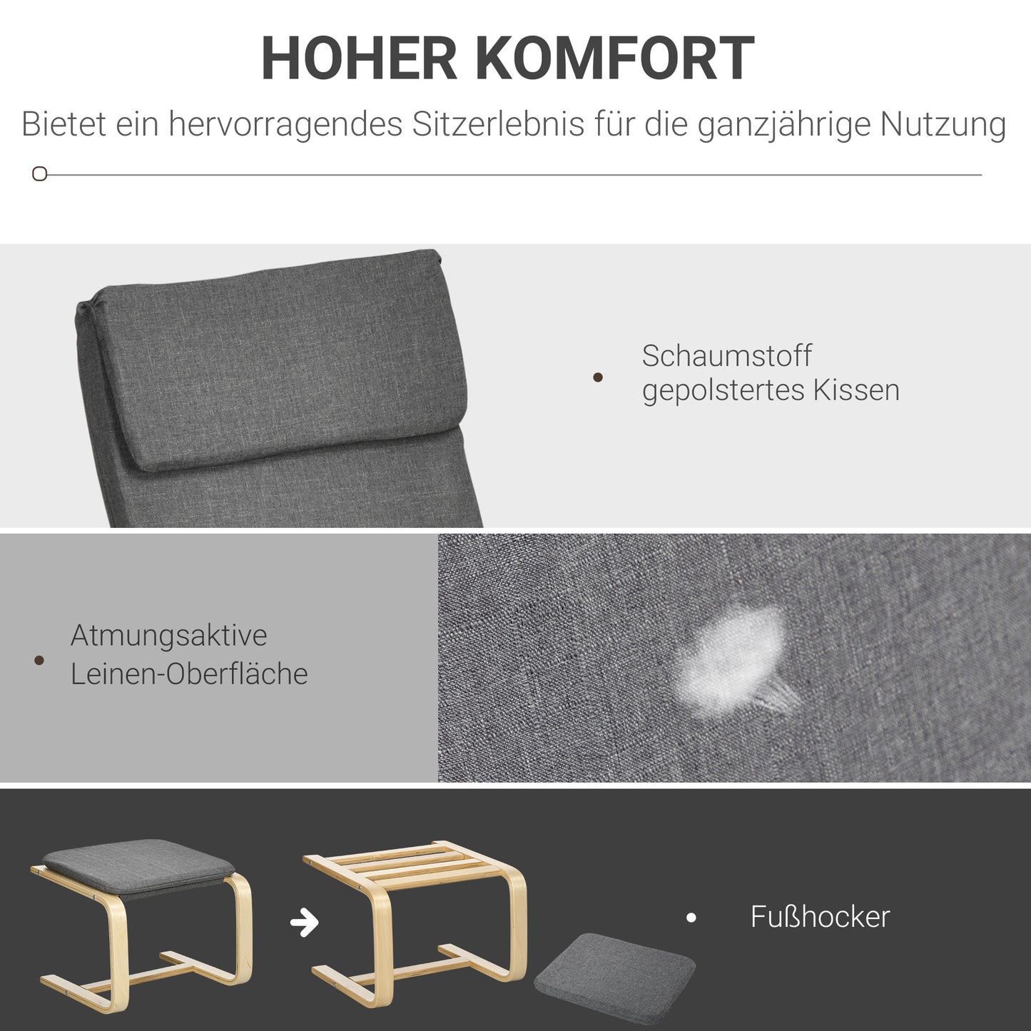 Fauteuil – Relaxstoel – Leunstoel – Zitzak – Armstoel – Met Voetenbank – Linnen Look – Massief Hout – Draagvermogen 120 Kg – Grijs/Natuurlijk