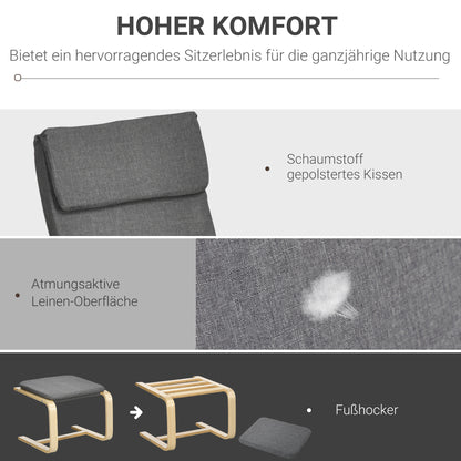 Fauteuil – Relaxstoel – Leunstoel – Zitzak – Armstoel – Met Voetenbank – Linnen Look – Massief Hout – Draagvermogen 120 Kg – Grijs/Natuurlijk