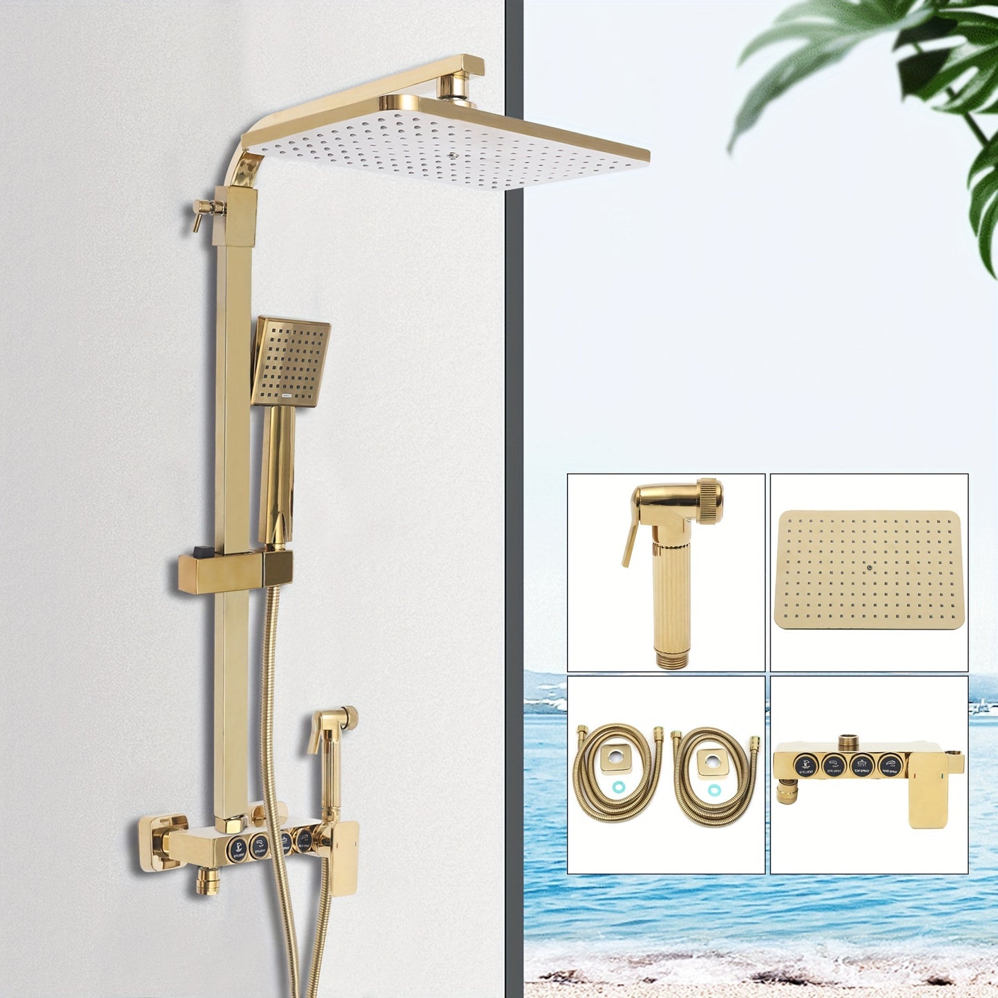 Douche Systeem – Douche Set – Regendouche – Handdouche – Wastafelkraan – Gouden Afwerking – Massief Messing – Verstelbare Handdoucherail 80-120 cm