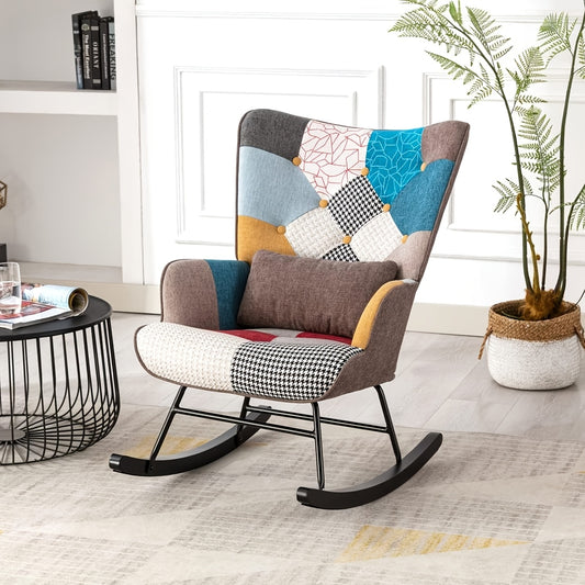Schommelstoel – Schommelstoel Lounge – Relaxstoel – Fauteuil – Armstoel – Patchwork Design – Metalen Frame & Houten Onderstel – Scandinavische Stijl & Comfortabele Bekleding