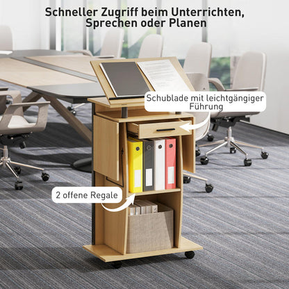 Sprekerstafel – Podium – Lectern – Rollend Presentatiegestoelte – Praatgestoelte – Inklapbare Zijvleugels – Lade & Opbergruimte – Donker Eikenhout Look