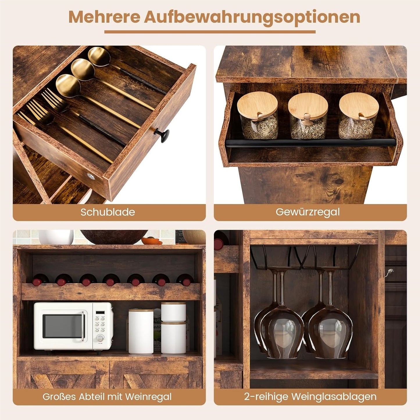 Keukentrolley – Serveerwagen – Keukenwagen – Werktafel – Dessertewagen – Uitklapbaar Werkblad – Wijnrek Voor 7 Flessen – Houten Keukenwagen Bruin