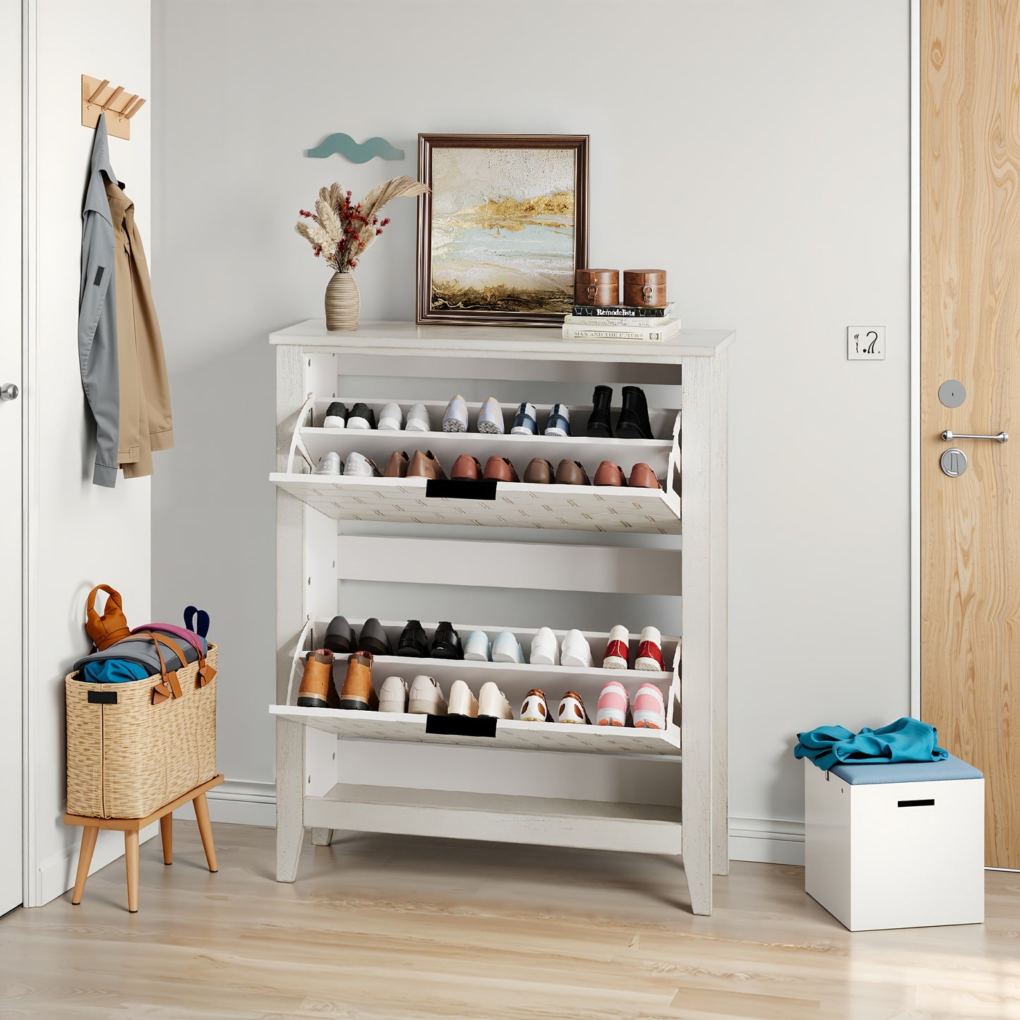 Schoenenkastje – Schoenenopberger – Schoenenrek – Schoenenkast – Schoenendisplay – Wit Vrijstaand Mid-Century Modern – Ruimtebesparend Verticaal Ontwerp – Duurzaam Rattan Materiaal
