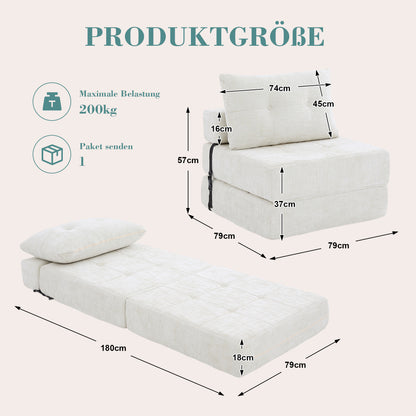 Inklapbare Slaapbank – Slaapbankje – Slaapbank Opklapbaar – Slaapbank Met Kussen – Vouwmatras Met Rugleuning – Beige Chenille Stof – Hoge Dichtheid Schuim