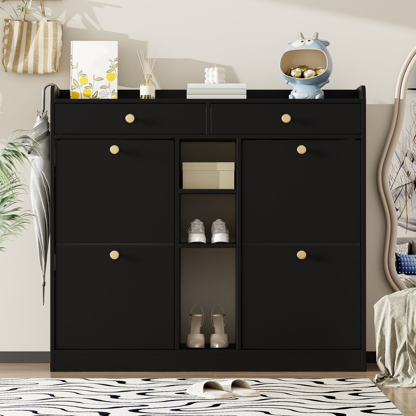 Schoenenkast – Schoenenopberger – Schoenenrek – Schoenenmeubel – Schoenenkast Zwart – Compact Ontwerp 110x26x100 cm – Vier Klepdeuren Met Lades