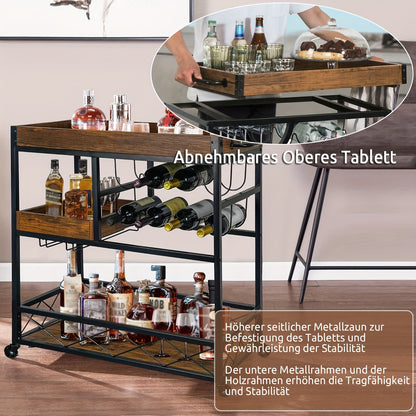 Vintage Industrieel Barwagen – Bar Cart – Serveerwagen – Wijnrek Trolley – Keukenwagen – 85x40x90 cm – Met 8 Wijnrekken en Glashouder – Mobiel Met Wieltjes – Bruin Hout Afwerking