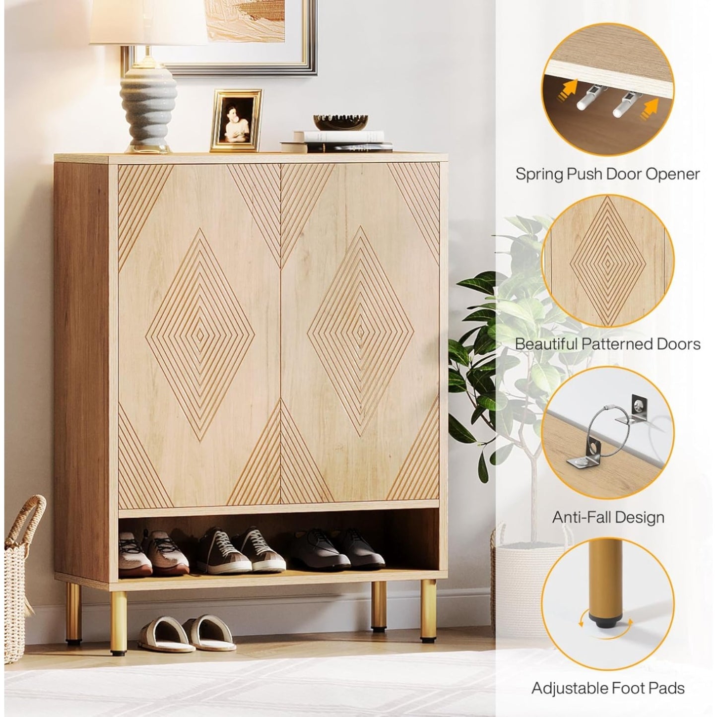 Schoenenkast – Schoenenrek – Schoenenopberger – Halkast – Schoenenbank – Smal Design – 25 Paar Schoenen – Houten Kast Met Goud Metalen Frame – 73x35x115 cm