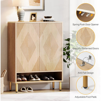 Schoenenkast – Schoenenrek – Schoenenopberger – Halkast – Schoenenbank – Smal Design – 25 Paar Schoenen – Houten Kast Met Goud Metalen Frame – 73x35x115 cm