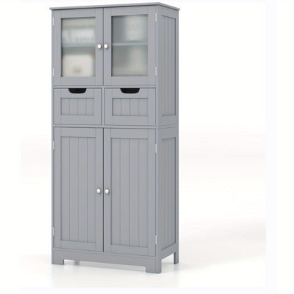 Staande Badkamerkast – Opbergkast – Badkamermeubel – Kastje – Opbergmeubel – 4 Deuren en 2 Lades – Verstelbare Planken – Wit MDF met Zwarte Handgrepen – Ruimtebesparend Design