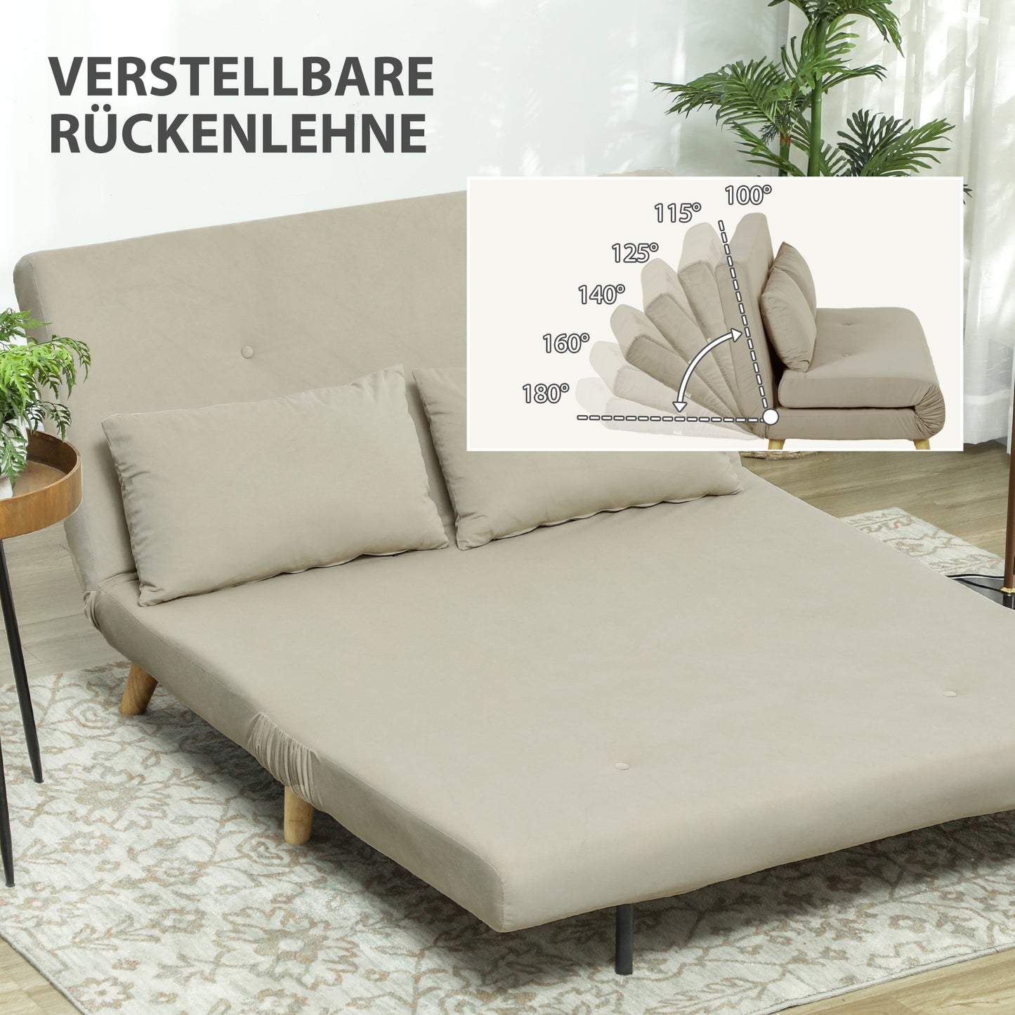Slaapbank – Bedbank – Slaapbankje – Uitklapbank – Veloursbank – Beige – Incl. 2 Kussens – Compact 130x78x79 cm