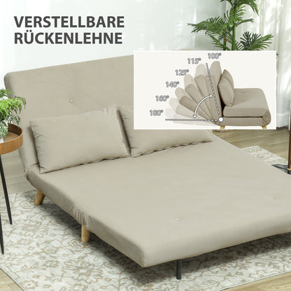 Slaapbank – Bedbank – Slaapbankje – Uitklapbank – Veloursbank – Beige – Incl. 2 Kussens – Compact 130x78x79 cm