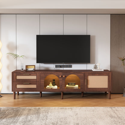 Tv-kast – Tv-meubel – Mediameubel – Tv-console – Bruin – Gebogen Glazen Deuren – Rattan Lades – 203,2 cm Breed – Geen Montage Nodig