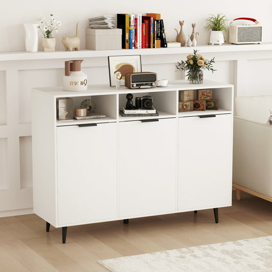 Dressoir – Sideboard – Opbergkast – Kast – Buffetkast – Wit – 3 Deuren en 3 Open Vakken – Verstelbare Plank – Duurzaam Harthout – Modern Design
