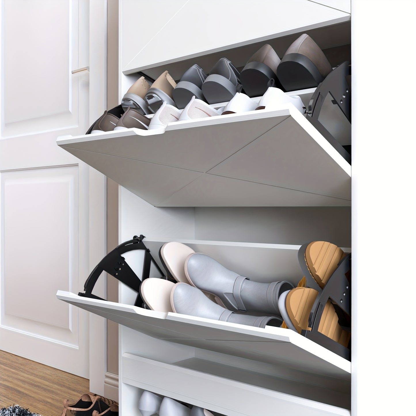 Schoenenkast – Schoenenrek – Schoenopberger – Schoenmeubel – Schoenentoren – Modern Design – 3 Draaibare Lade & 1 Vaste Plank – Wit – Ruimtebesparend