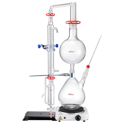 Essentiële Olie Distilleerketel – Destillatieset – Olie Extractieapparaat – Aroma Destillatie Kit – Borosilicaat Glas Set – 2000 ml Inhoud – 1000W Elektrische Verwarmingsplaat