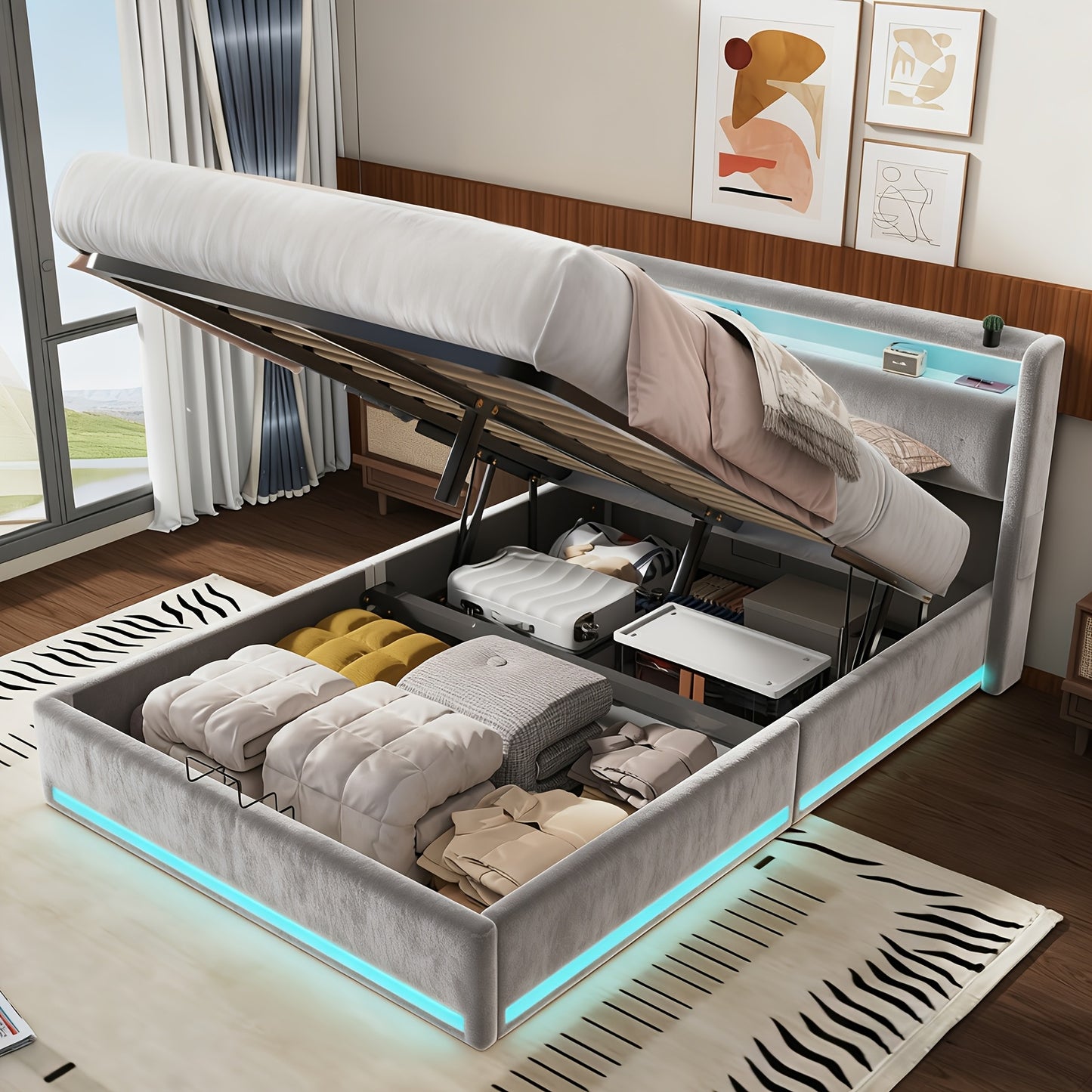 Liftbed – Opbergbed – Hydraulisch Bed – Bedframe Met Opbergruimte – Slaapbed 140x200 cm – Hydraulische Lift – RGB LED Hoofdbord