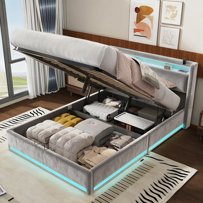 Liftbed – Opbergbed – Hydraulisch Bed – Bedframe Met Opbergruimte – Slaapbed 140x200 cm – Hydraulische Lift – RGB LED Hoofdbord