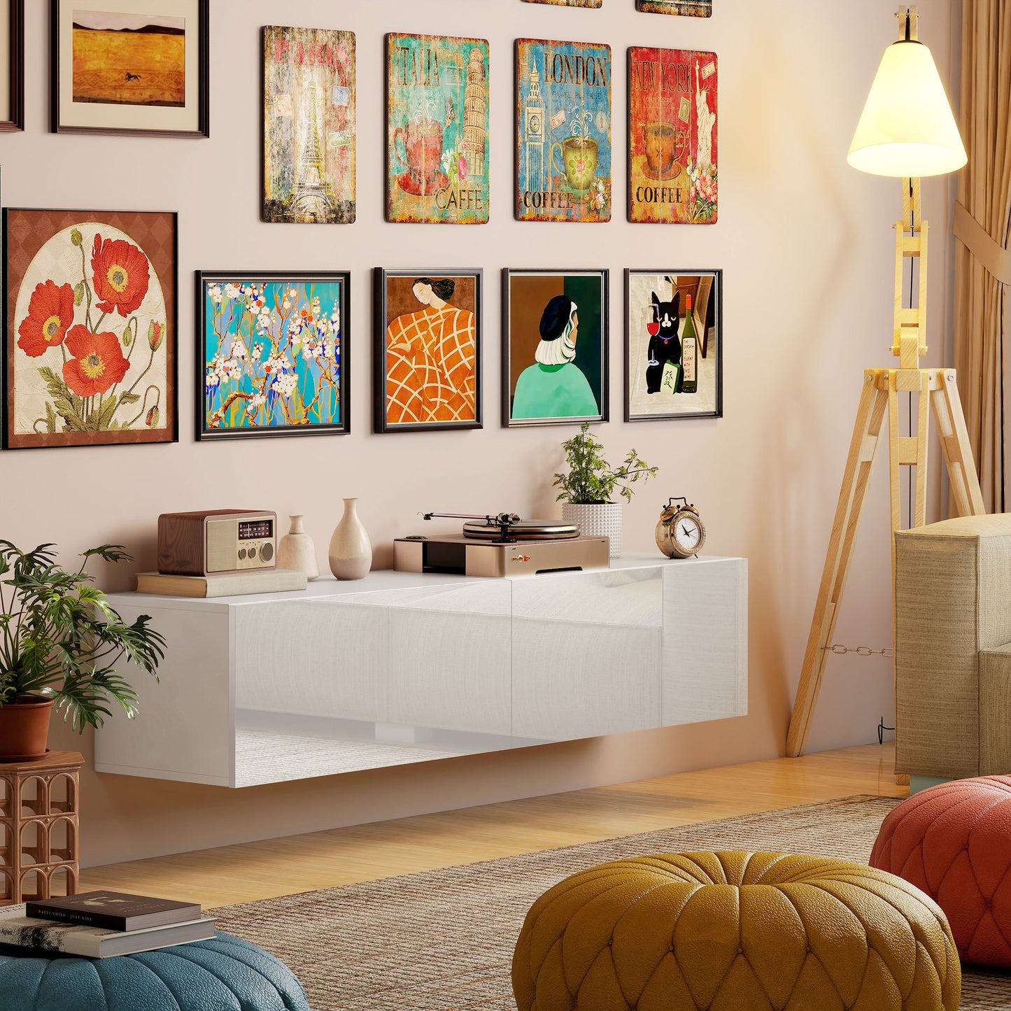 Tv-kast – Tv-meubel – TV-standaard – Mediameubel – Wit – Geschikt voor 75 inch – 3 Open Vakken en 3 Lades – Spaanplaat