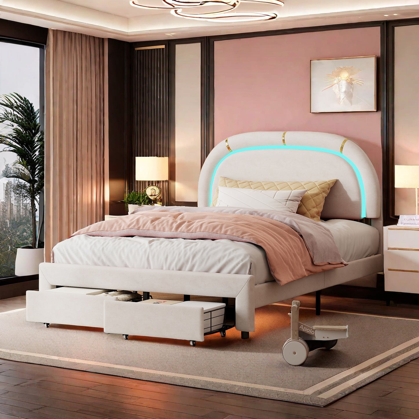 Bed – Bedframe – Led-bed – Stijlvol Tweepersoonsbed – Opberglades Bed – Velvet Hoofdbord – Usb Oplaadpoort – 140x200 cm Off-white